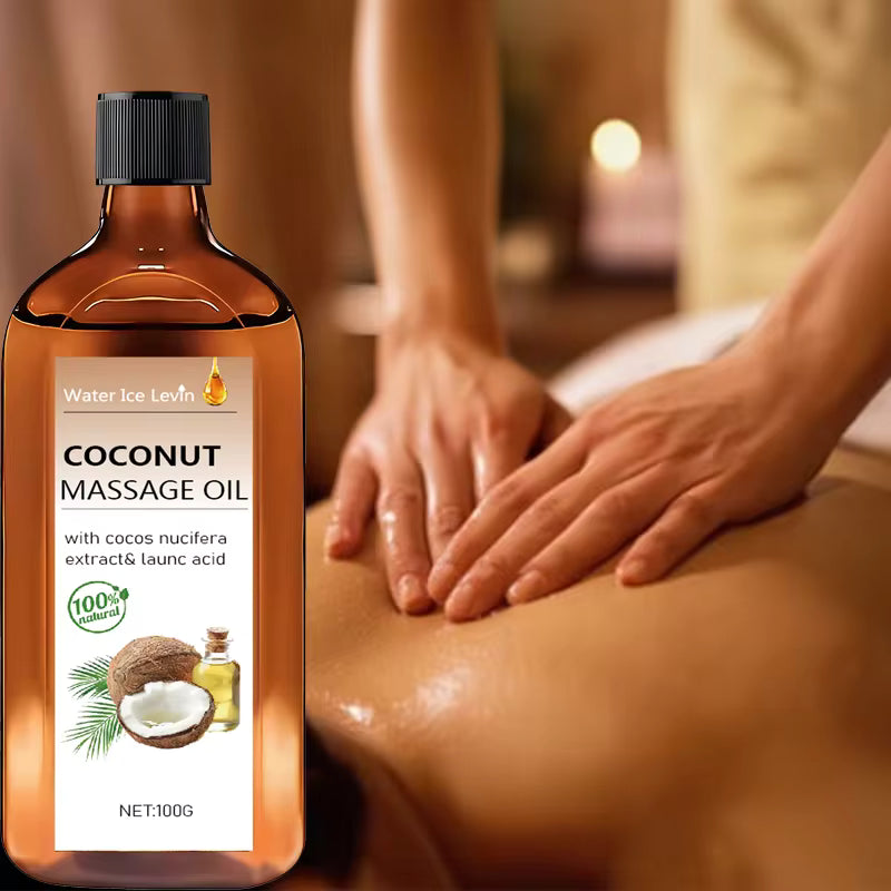 Huile de massage COLO à la noix de coco utilisée lors d'un massage du dos