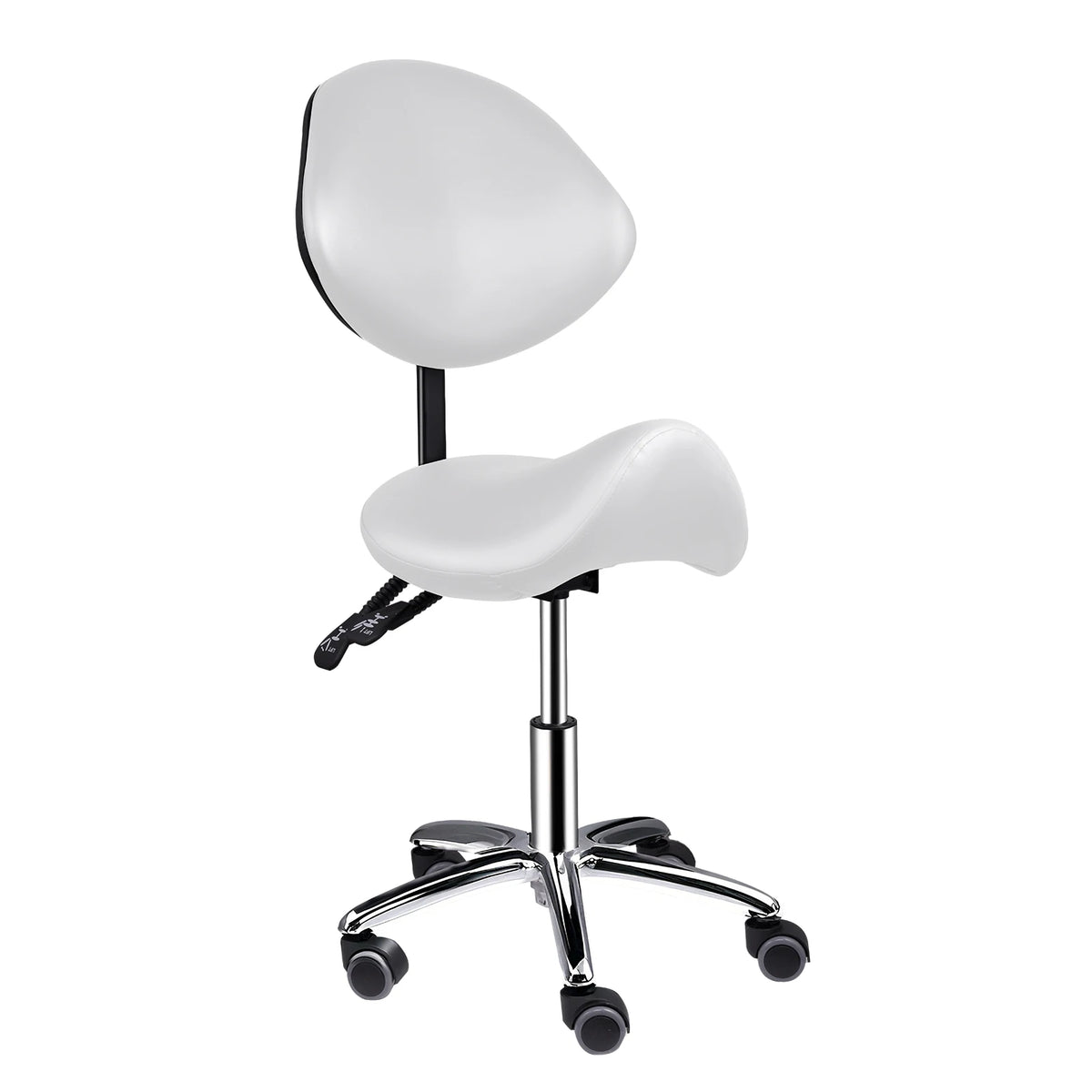 Tabouret de massage BALU blanc à assise selle et dossier réglable sur roulettes