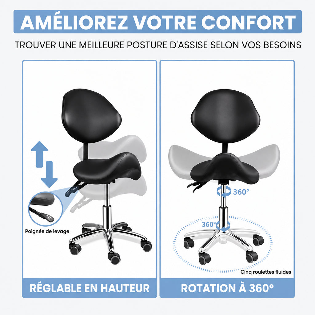 Réglage en hauteur et rotation à 360° sur cinq roulettes du tabouret BALU