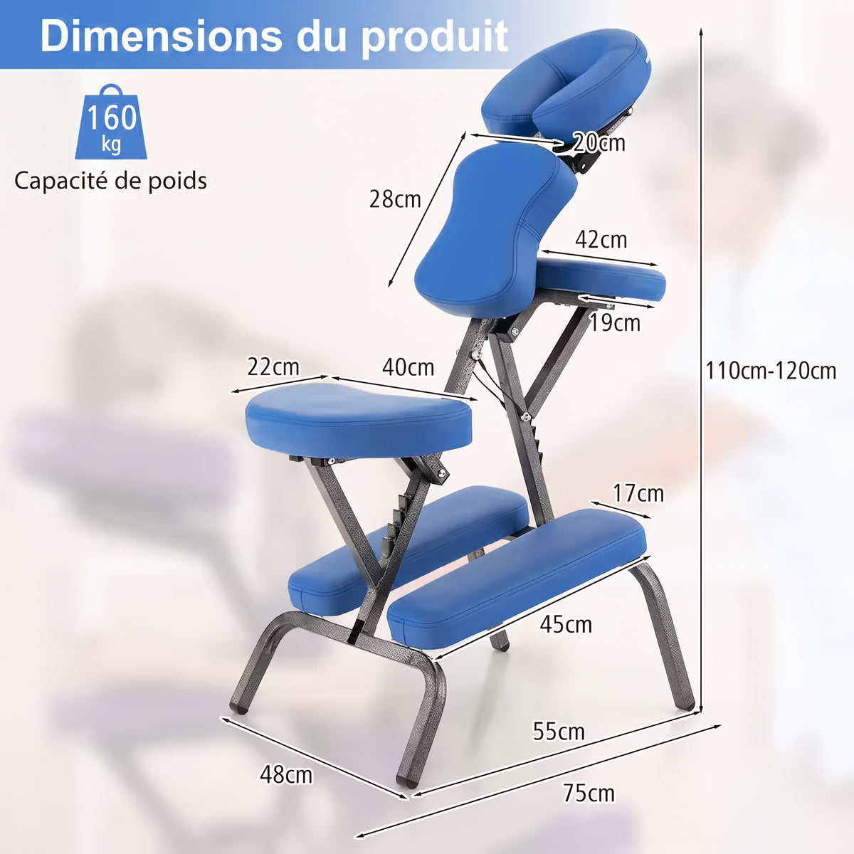 Dimensions de la chaise de massage TESU et capacité de charge de 160 kg
