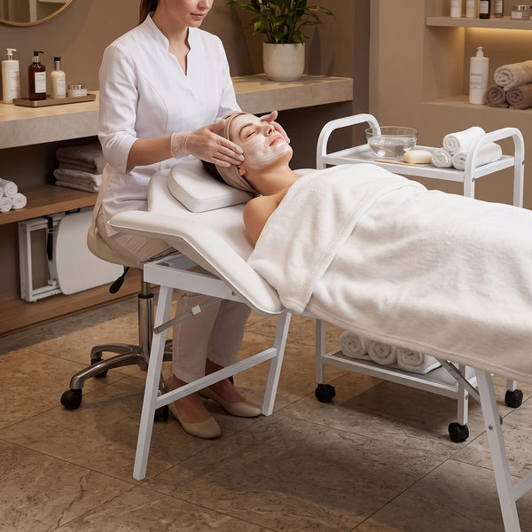 Soin du visage réalisé sur la table esthétique pliante WORTA blanche en institut