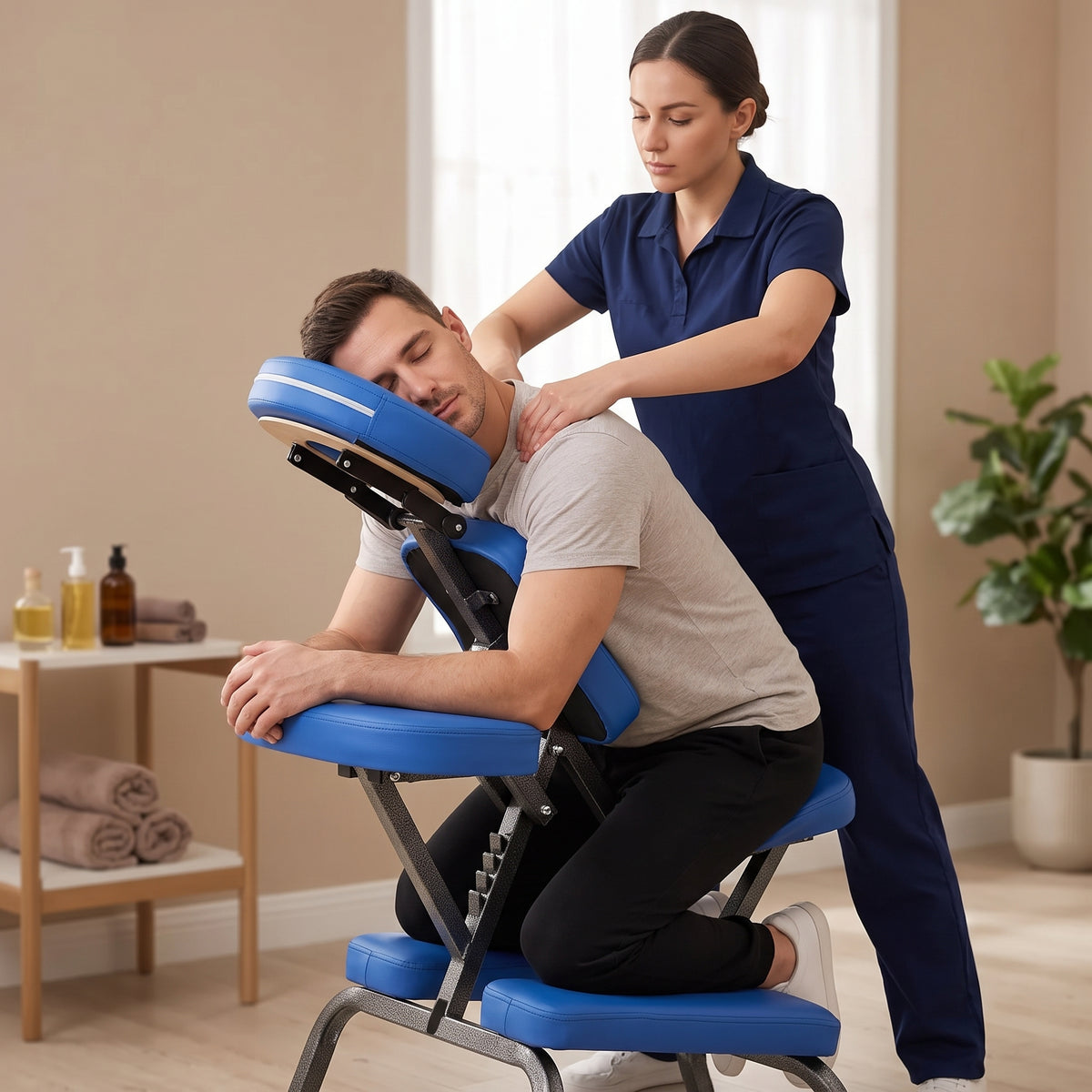 Massage des épaules d'un homme installé sur la chaise de massage TESU bleue en cabinet