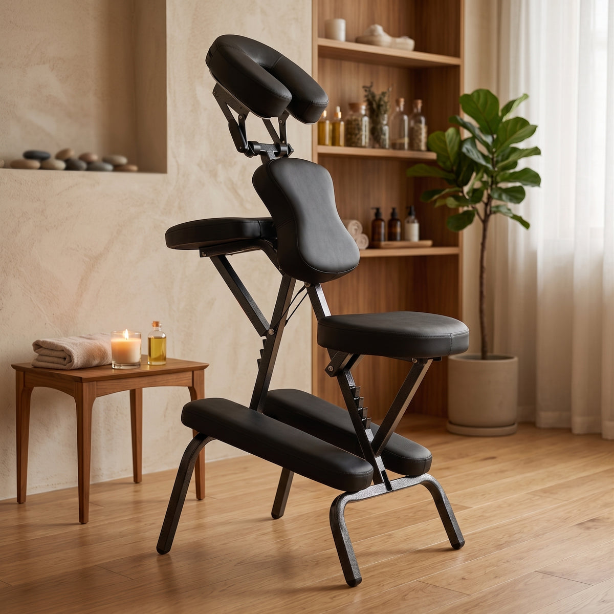 Chaise de massage RAKI noire installée dans un espace bien-être aux tons naturels