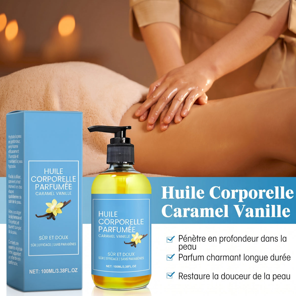 Huile de massage parfumée VANCA appliquée lors d'un massage des jambes