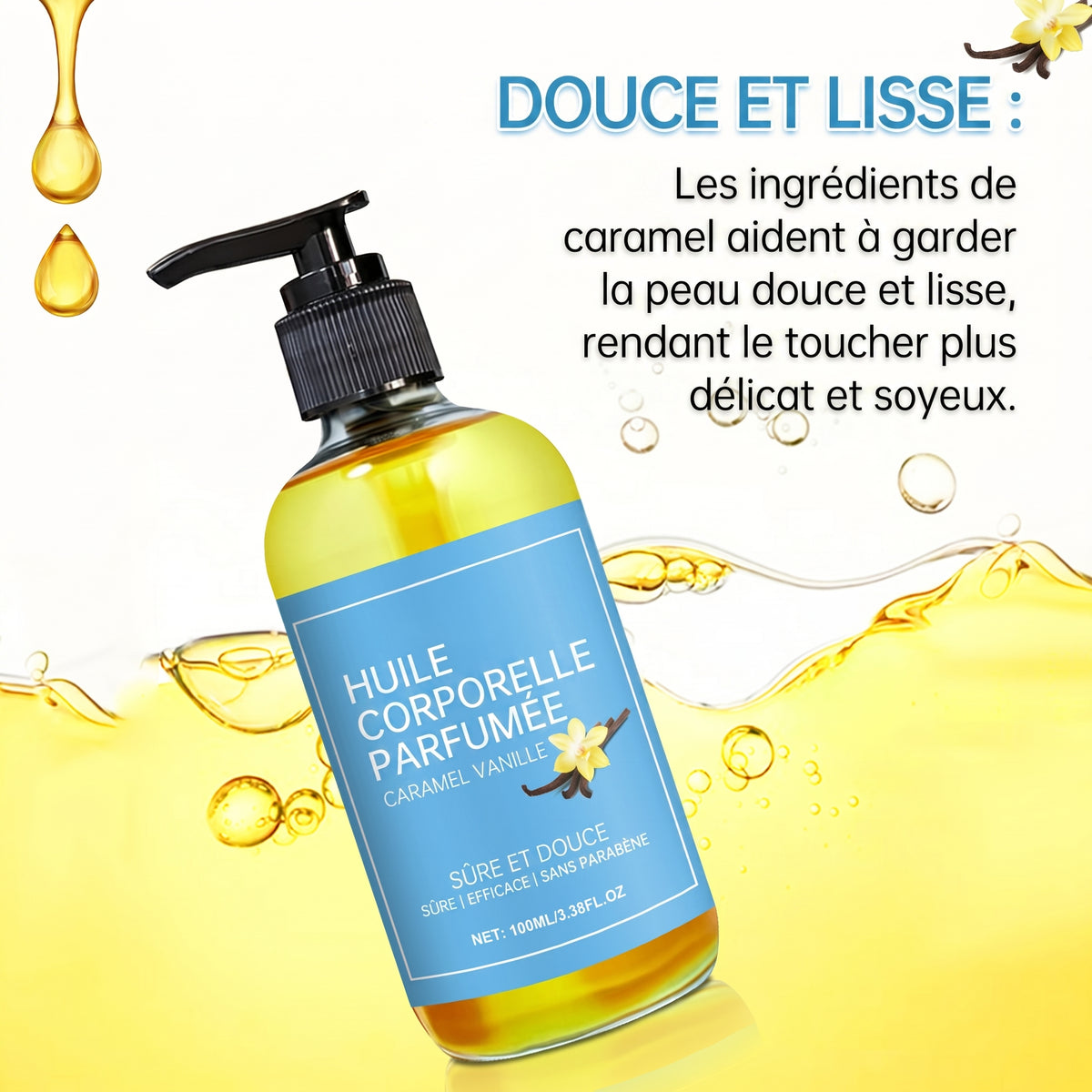Texture fluide de l'huile de massage VANCA au caramel et à la vanille