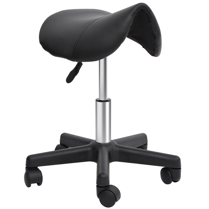Tabouret de massage TARLO à assise selle noire, vérin chromé et base à cinq roulettes