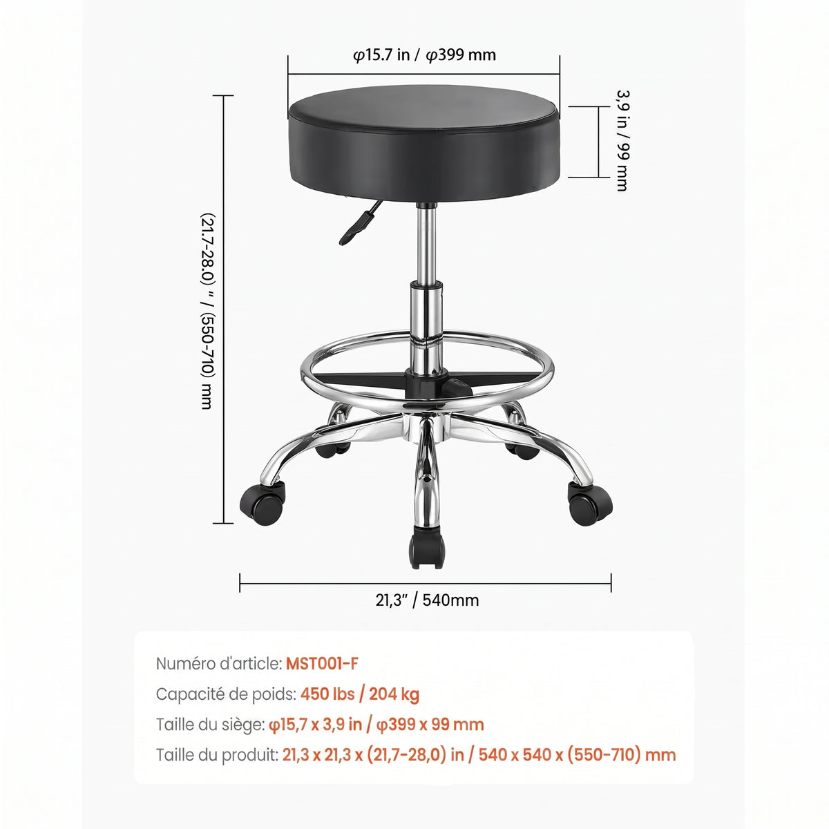 Dimensions du tabouret FOGO : assise de 39,9 cm et hauteur réglable de 55 à 71 cm