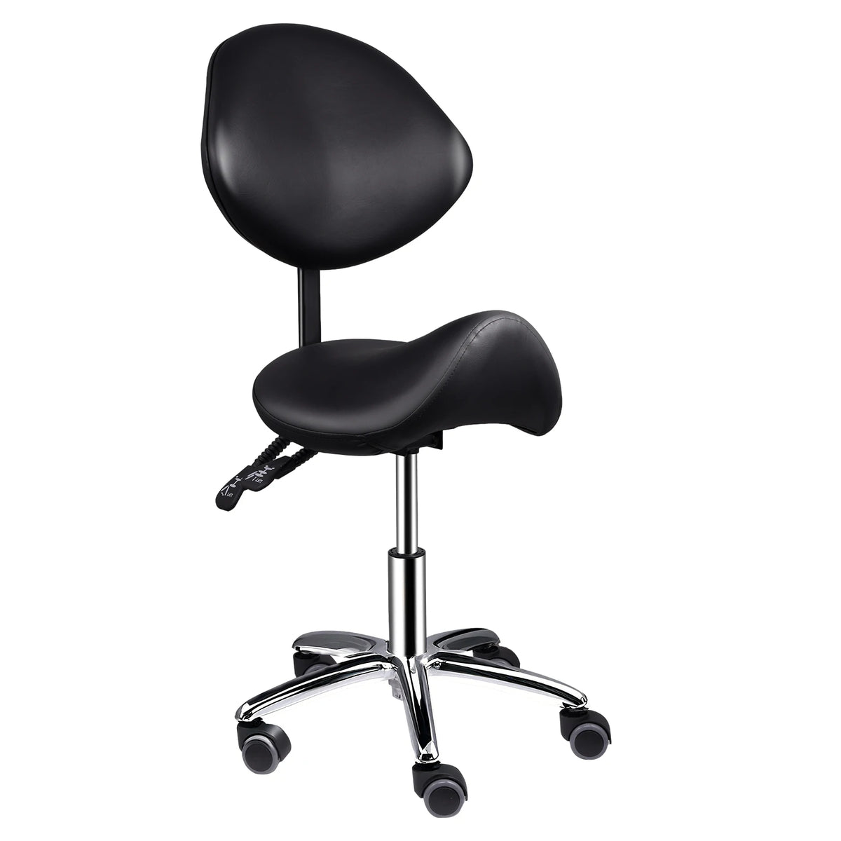 Tabouret de massage BALU noir à assise selle et dossier ergonomique sur base chromée