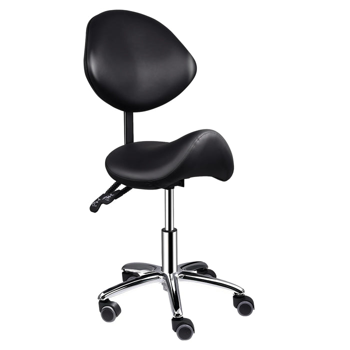 Tabouret de massage BALU noir à assise selle et dossier ergonomique sur base chromée