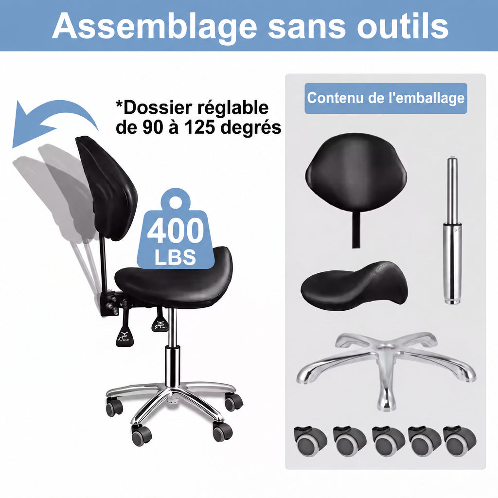 Assemblage sans outil du tabouret BALU et dossier inclinable de 90 à 125 degrés
