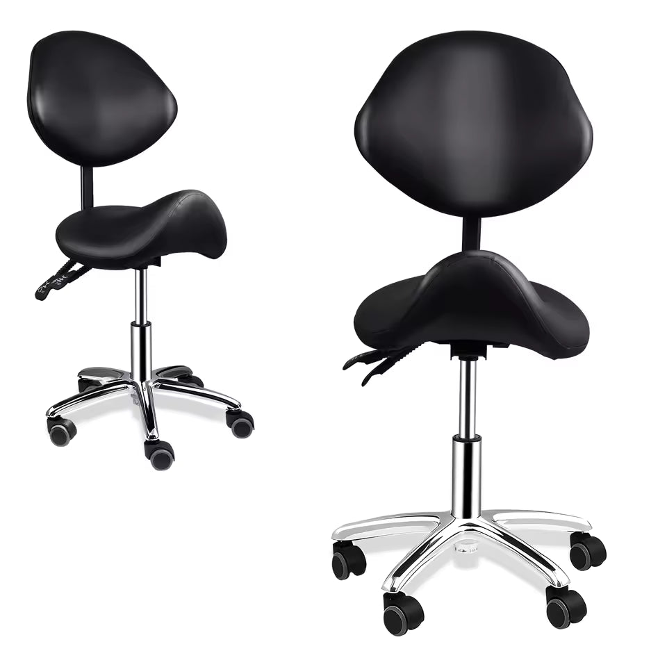 Tabouret BALU noir vu de face et de trois quarts, dossier et assise selle