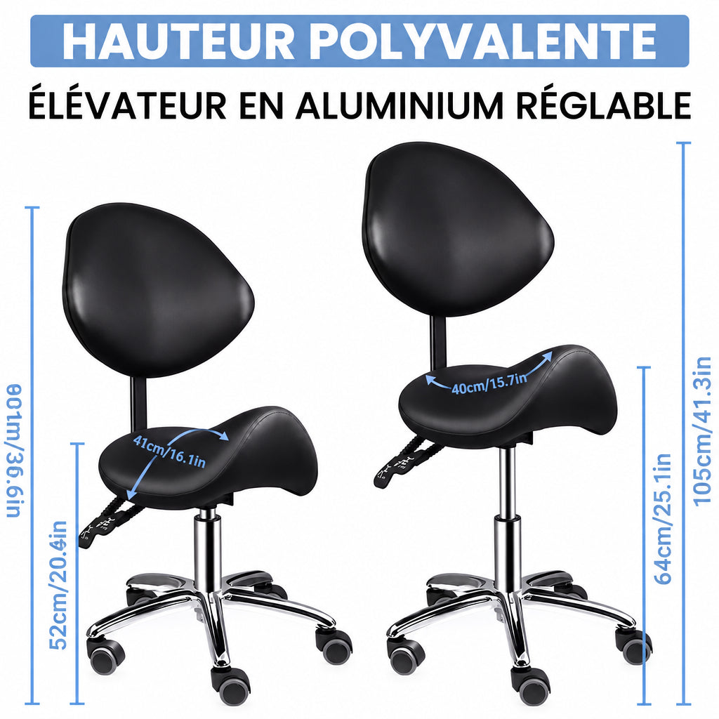 Hauteur réglable du tabouret BALU noir : assise de 52 à 64 cm et hauteur totale de 93 à 105 cm