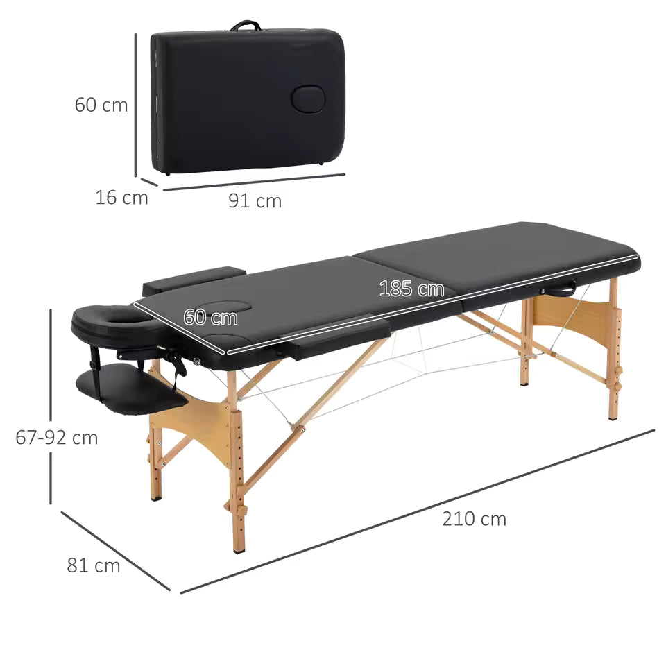 Dimensions de la table de massage SKORTA : 210 x 81 cm dépliée et 91 x 60 x 16 cm pliée