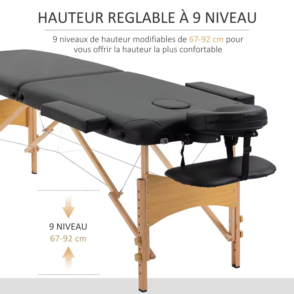 Schéma des 9 niveaux de hauteur réglables de 67 à 92 cm de la table de massage SKORTA