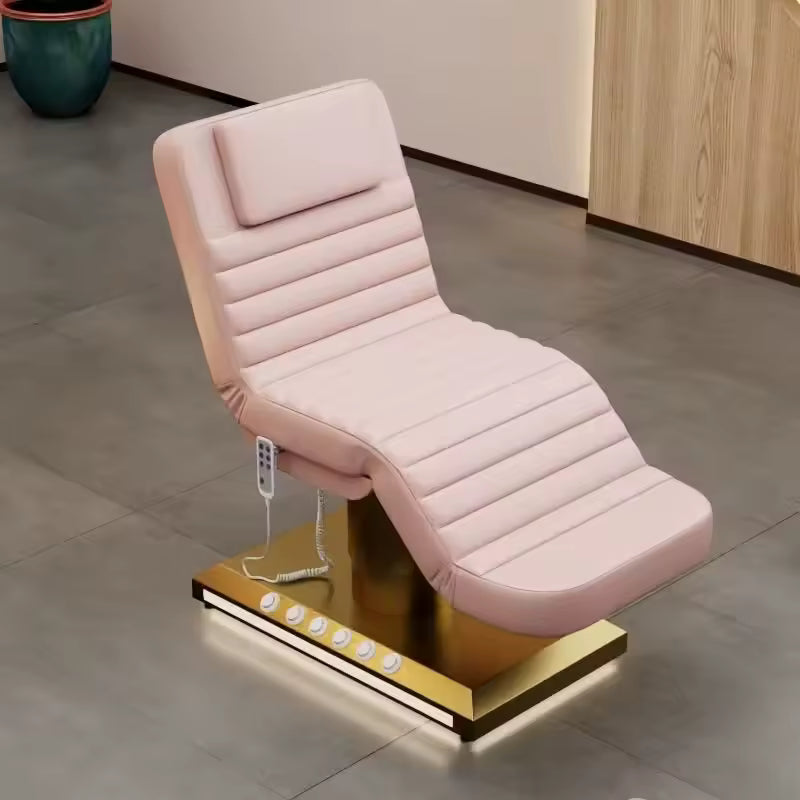Table de massage électrique VIRTO rose poudré sur socle doré, dossier relevé