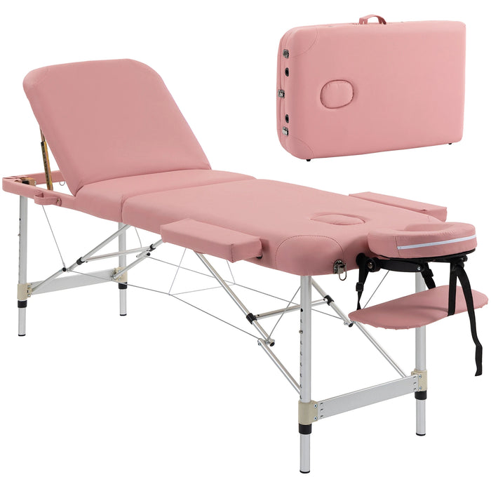 Table de massage pliante PIKKO rose à structure en aluminium, dossier relevé et vue pliée