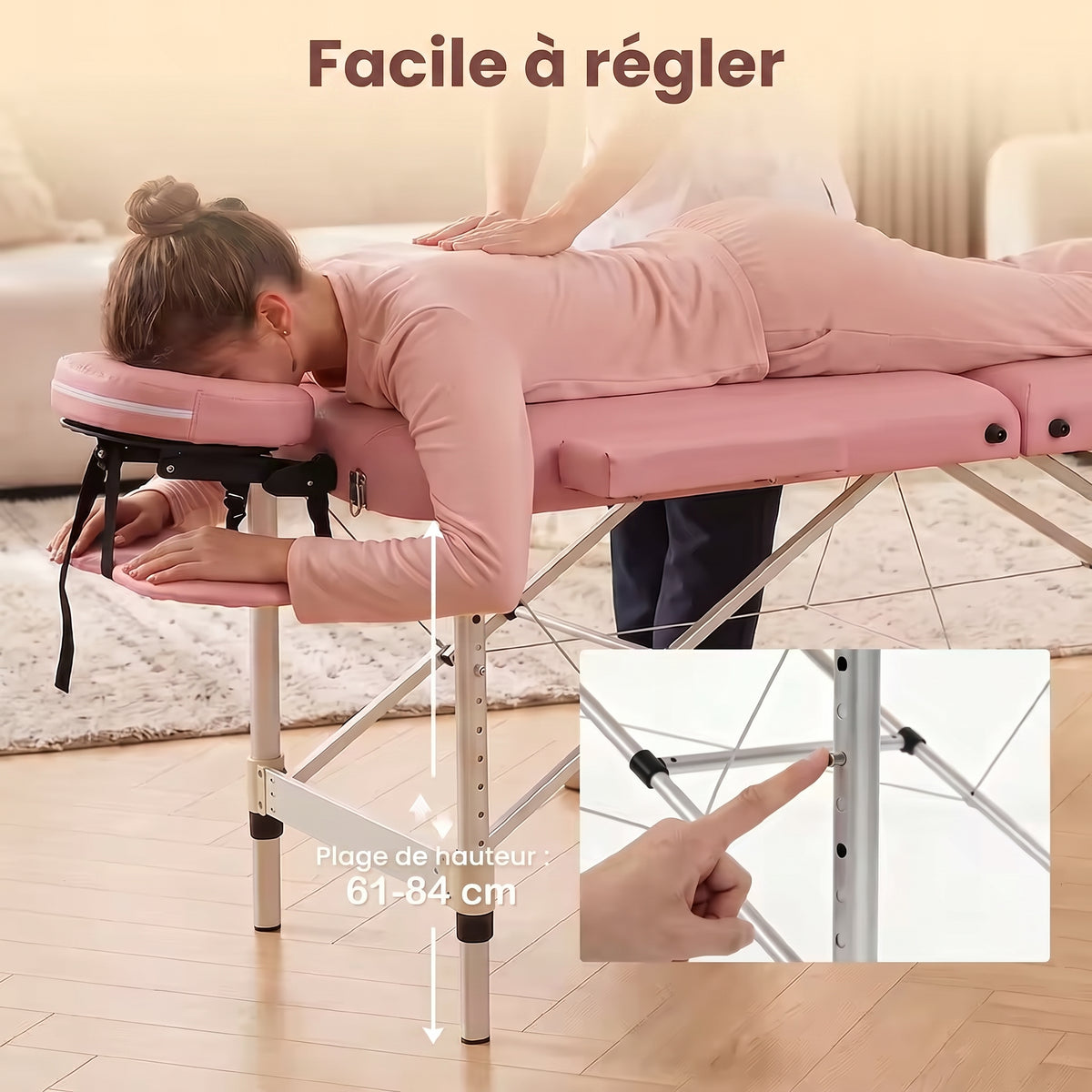 Réglage de la hauteur de la table de massage PIKKO sur une plage de 61 à 84 cm