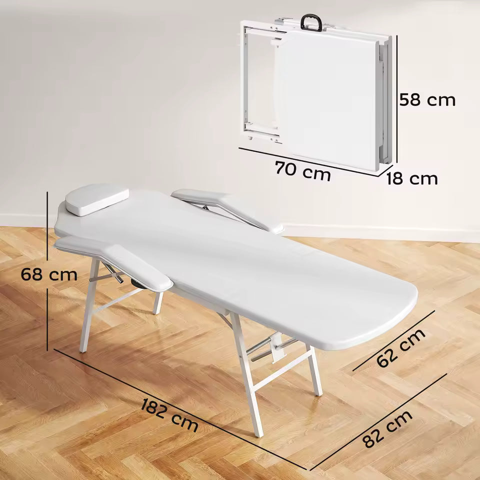 Dimensions de la table de soin WORTA : 182 x 62 cm dépliée et 70 x 58 x 18 cm pliée