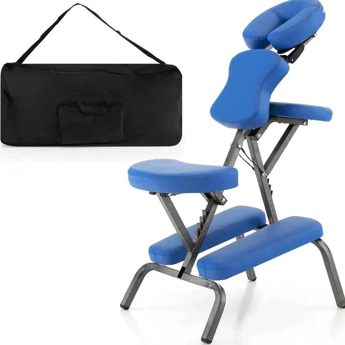 Chaise de massage pliante TESU bleue à structure métallique, accompagnée de sa housse de transport noire