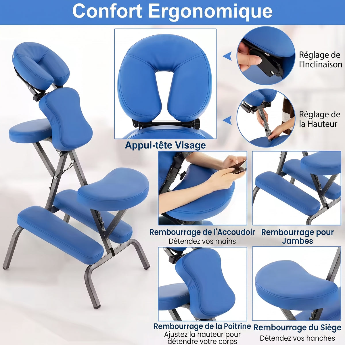 Réglages et rembourrages de la chaise TESU : appui-tête visage, accoudoirs, plastron et assise