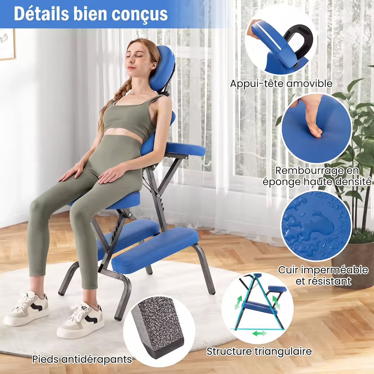Appui-tête amovible, cuir imperméable et pieds antidérapants de la chaise de massage TESU