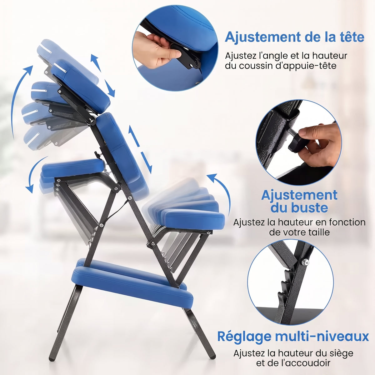 Ajustement de la tête, du buste et de l'assise de la chaise de massage pliante TESU