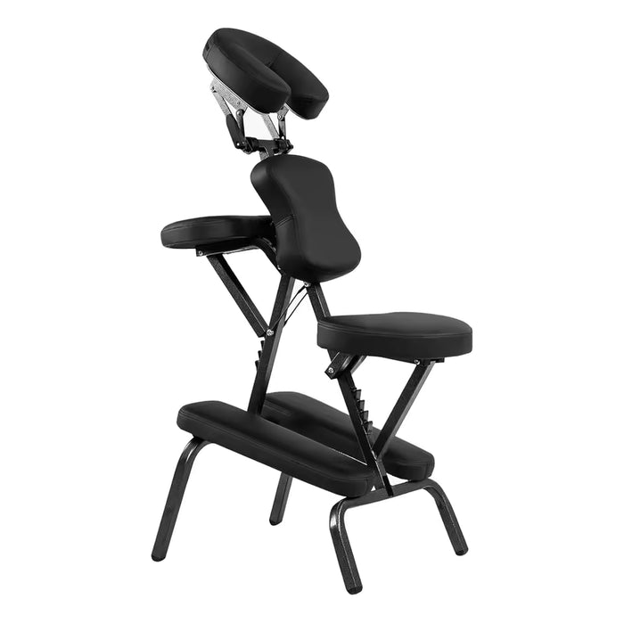 Chaise de massage pliante RAKI noire à structure en métal, vue de trois quarts