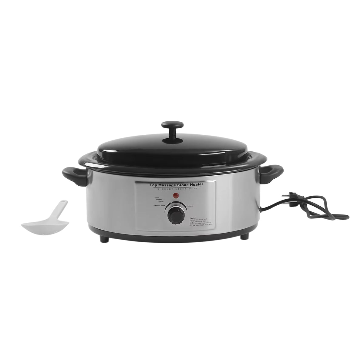 Chauffe-pierre électrique STORNA fermé, vu de face avec son thermostat et son cordon d'alimentation