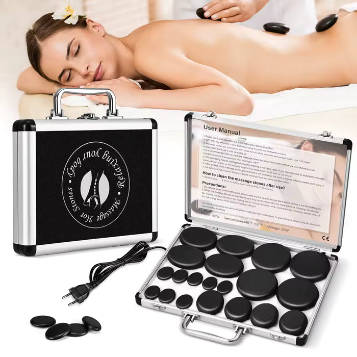Kit de massage aux pierres chaudes SLITA : mallette chauffante en aluminium et 20 pierres de basalte