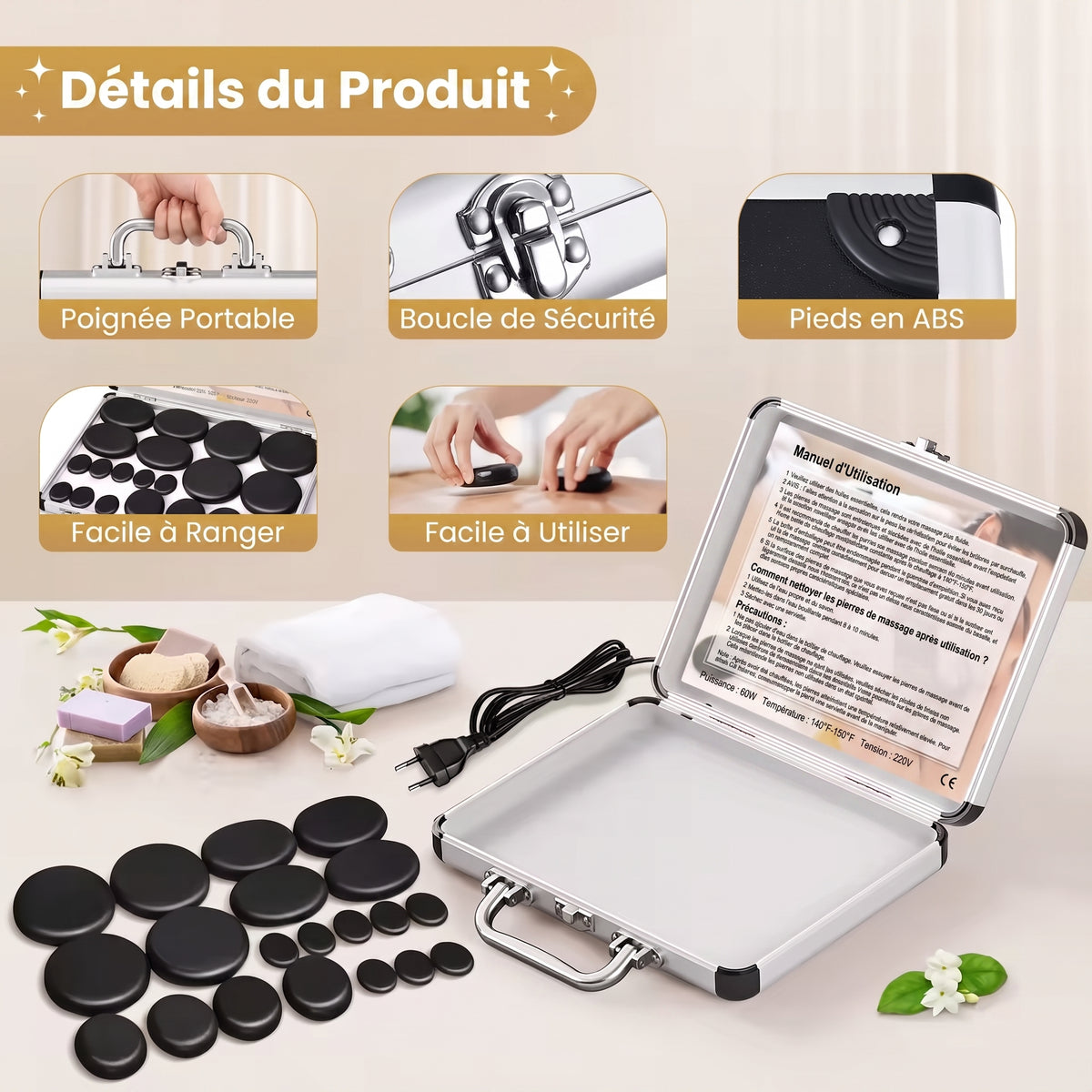 Détails de la mallette SLITA : poignée portable, boucle de sécurité et pieds en ABS