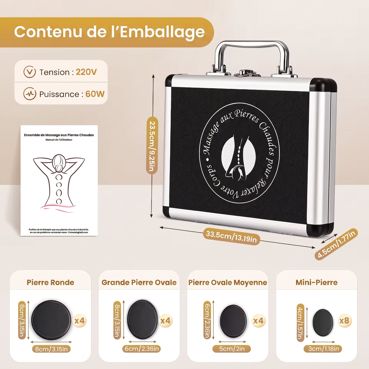 Contenu du kit SLITA : 20 pierres de basalte de quatre tailles et mallette de 33,5 x 23,5 cm