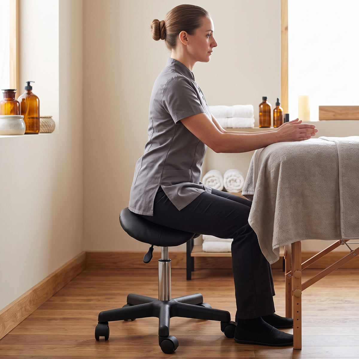 Posture droite d'une praticienne installée sur le tabouret selle TARLO au bord de sa table de massage