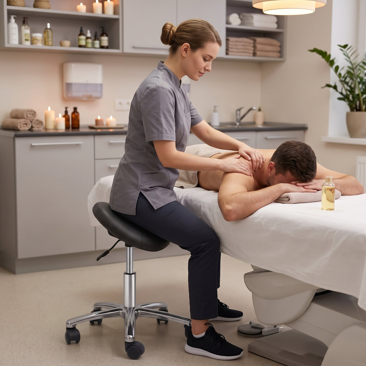 Massage du dos réalisé depuis le tabouret selle TARLO dans un cabinet de bien-être