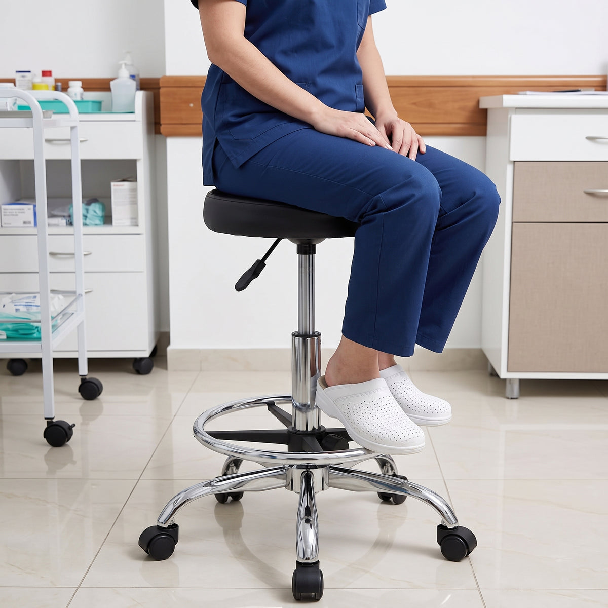 Professionnelle de santé assise sur le tabouret FOGO, pieds posés sur l'anneau repose-pieds