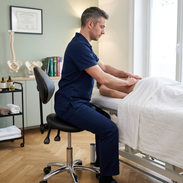 Praticien assis sur le tabouret BALU à dossier pendant un soin sur table de massage