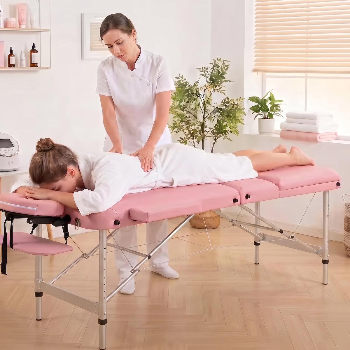 Massage du dos sur la table de massage pliante PIKKO rose dans un cabinet de bien-être