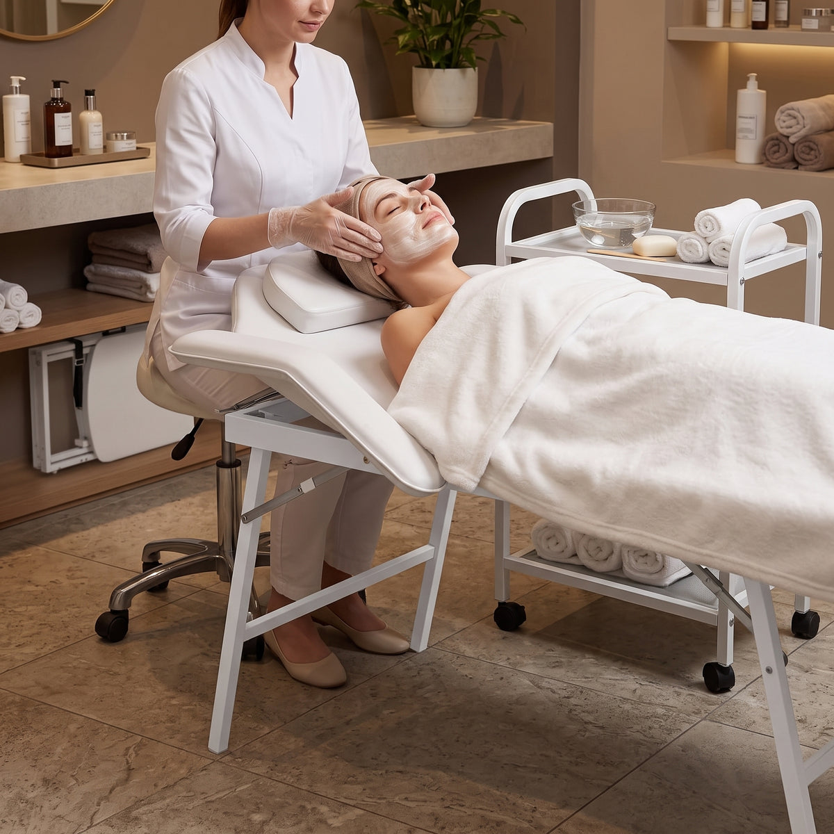 Soin du visage réalisé sur la table esthétique pliante WORTA blanche en institut