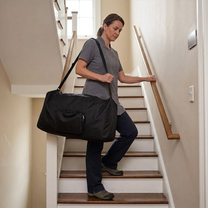 Housse de transport noire d'une chaise de massage portée en bandoulière dans un escalier