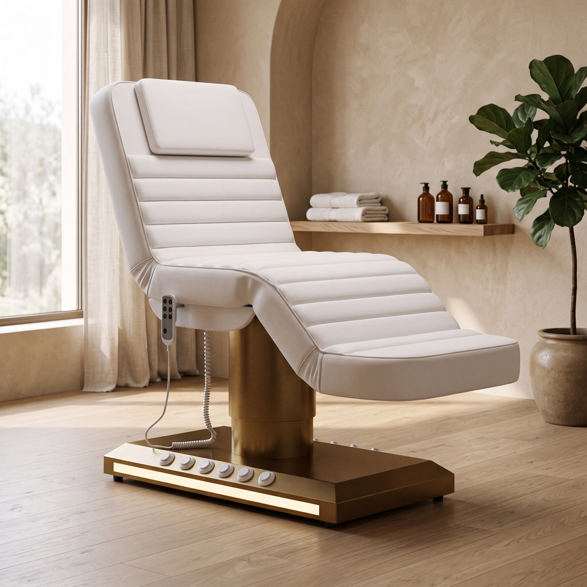 Table de massage électrique VIRTO blanche dans un institut de beauté lumineux