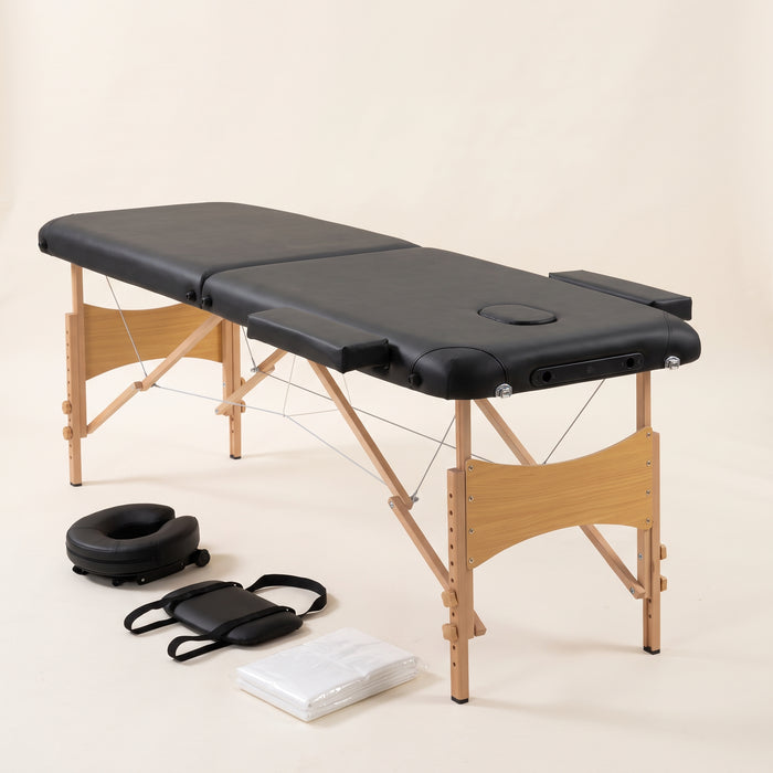 Table de massage pliante SKORTA avec ses accessoires offerts : têtière, repose-bras et 30 housses jetables