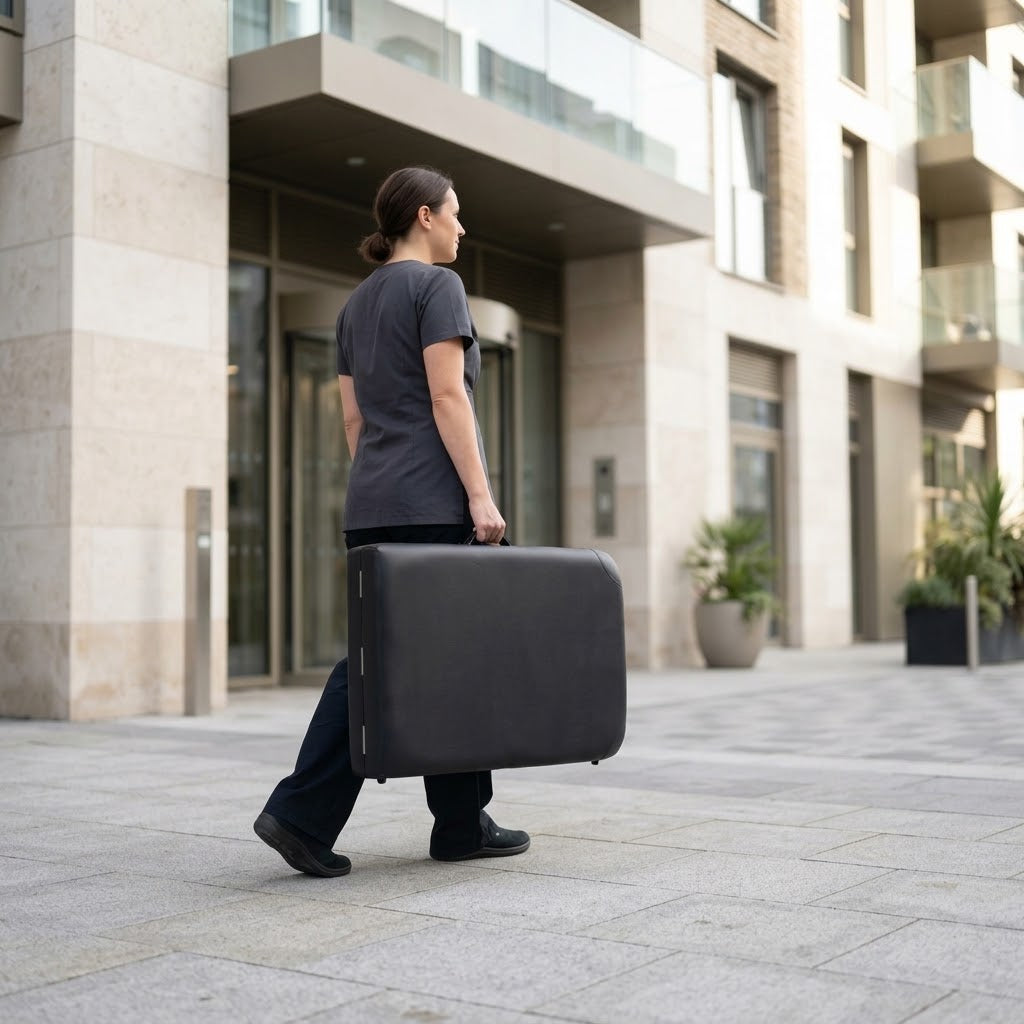 Praticienne transportant la table de massage SKORTA pliée en valise par sa poignée